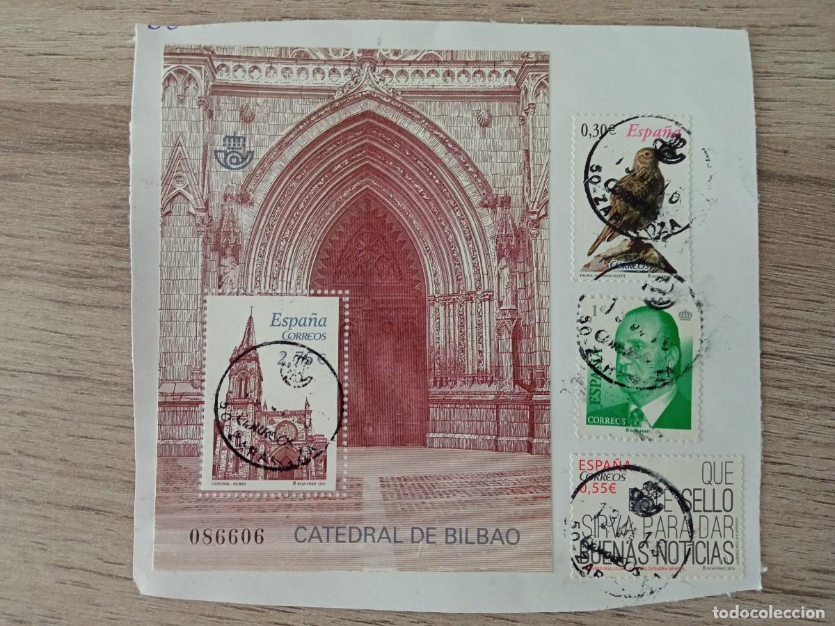 Sellos: HOJA BLOQUE CATEDRAL DE BILBAO Y TRES SELLOS MAS, PEGADOS Y MATASELLADOS