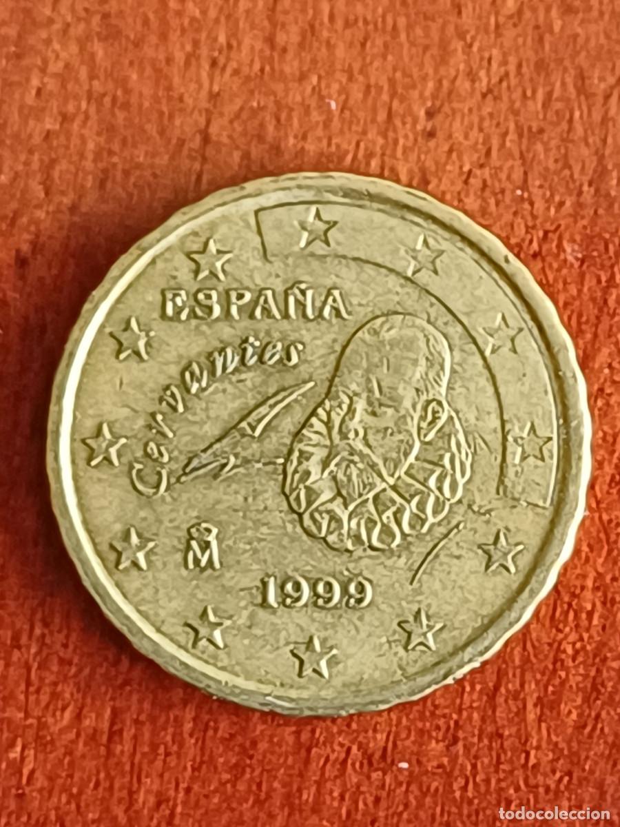 Sellos: Moneda de 10 c&eacute;ntimos del a&ntilde;o 1999 conmemorativa de Cervantes. Tiene errores por exceso de metal.