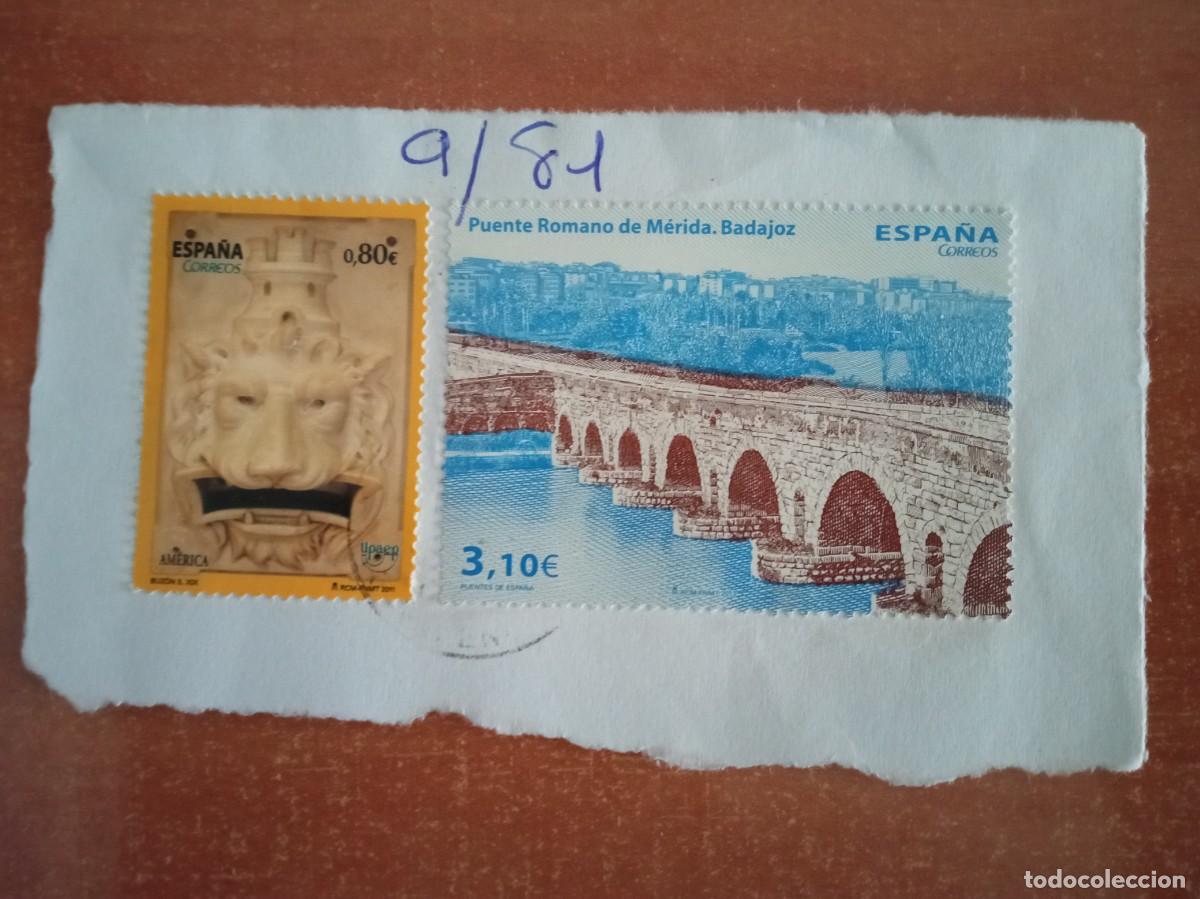 Sellos: 2 SELLOS ESPA&Ntilde;OLES, PUENTE ROMANO DE M&Eacute;RIDA Y OTRO, PEGADOS Y MATASELLADOS