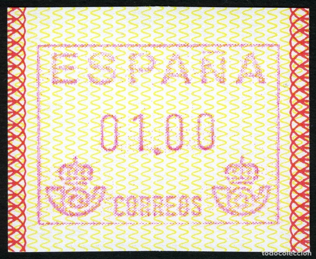 Sellos: ATM ESPA&Ntilde;A 1989 &middot; FRAMA &middot; 1 PESETA en PAPEL MATE (IMPRESO POR FNMT) &middot; EL PRIMER ATM ESPA&Ntilde;OL #ES000