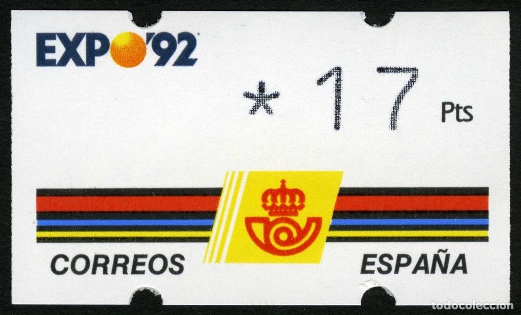 Sellos: ATM ESPA&Ntilde;A 1992 &middot; KL&Uuml;SSENDORF &middot; 17 PESETAS, 3 D&Iacute;GITOS &middot; EXPO'92 SEVILLA, EXPOSICI&Oacute;N UNIVERSAL #ES002
