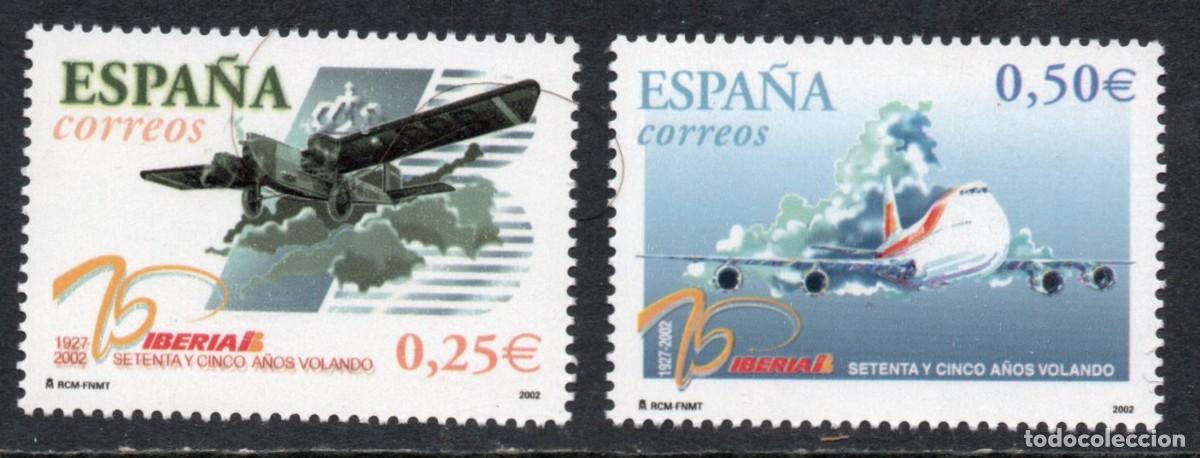 Sellos: SERIE NUEVA ESPA&Ntilde;A-75&ordm; ANIVERSARIO PRIMER VUELO IBERIA A&Ntilde;O 2.002. EDIFIL 3907/08