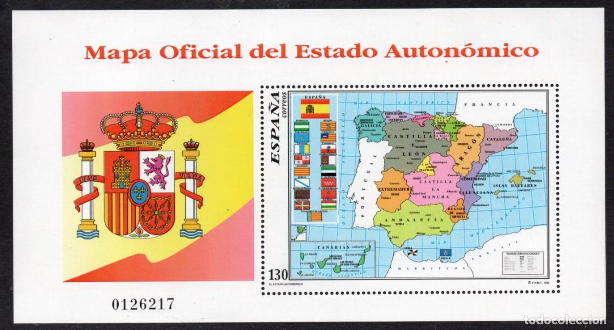 Sellos: SERIE NUEVA ESPA&Ntilde;A - MAPA ESTADO AUTONOMICO HOJA BLOQUE A&Ntilde;O 1.996. EDIFIL 3460.