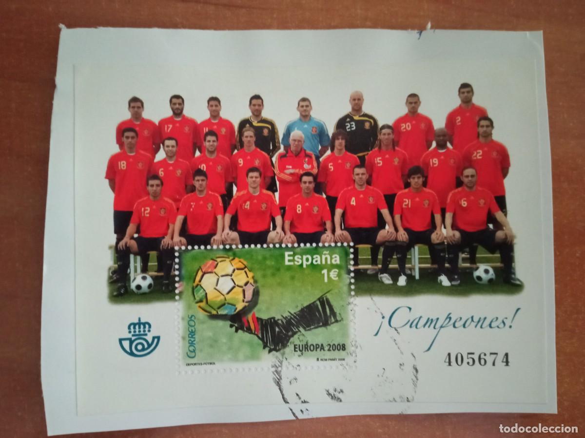 Sellos: HOJA BLOQUE FUTBOL EUROPA 2008 CAMPEONES, PEGADO Y MATASELLADO