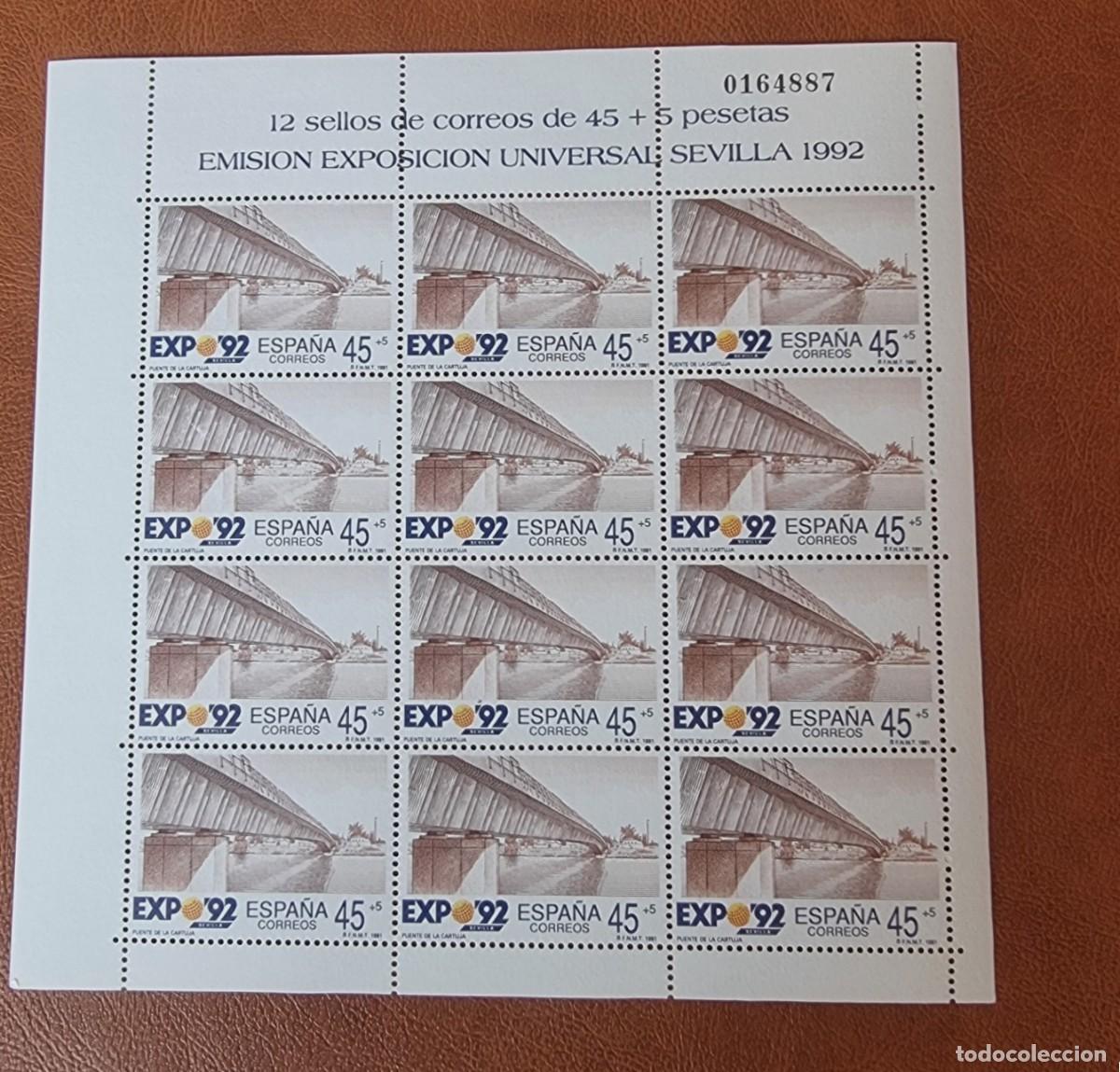 Sellos: ESPA&Ntilde;A NUEVOS 1991 PLIEGO 12 SELLOS EXPO92 PUENTE DE LA CARTUJA