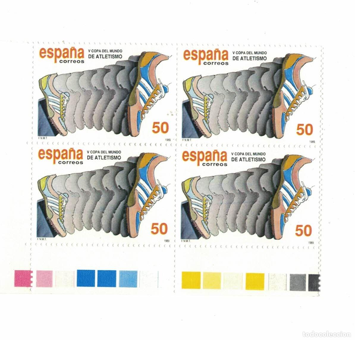 Francobolli: Bloque de 4 sellos Espa&ntilde;a 1985 &ldquo;V Copa del Mundo de Atletismo&rdquo; &ndash; FNMT &ndash; 50 ptas &ndash;