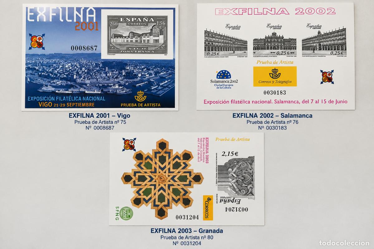 Sellos: EXFILNA 2001 2002 2003 lote 3 Pruebas Oficiales de Artista numeradas Espa&ntilde;a