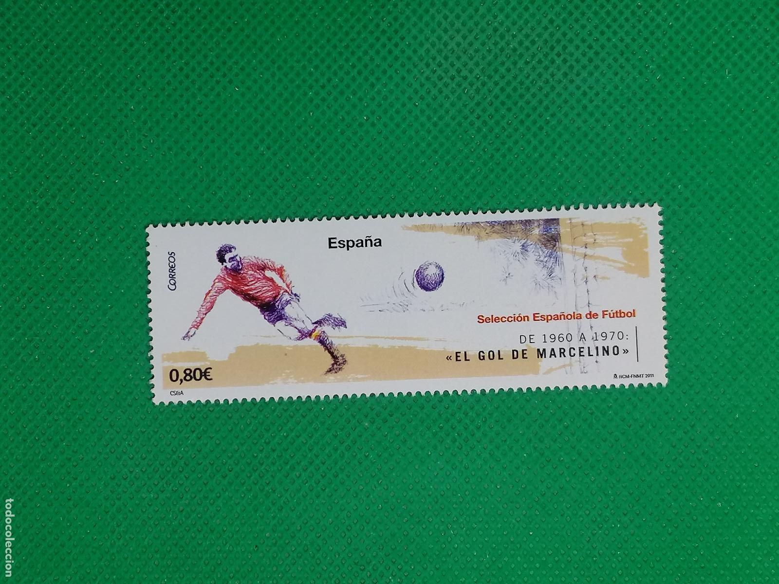 Sellos: SELLO CORREOS SIN USAR SELECCION ESPA&Ntilde;OLA EL GOL DE MARCELINO 0.8&euro; 1960 A 1970 FNMT 2011