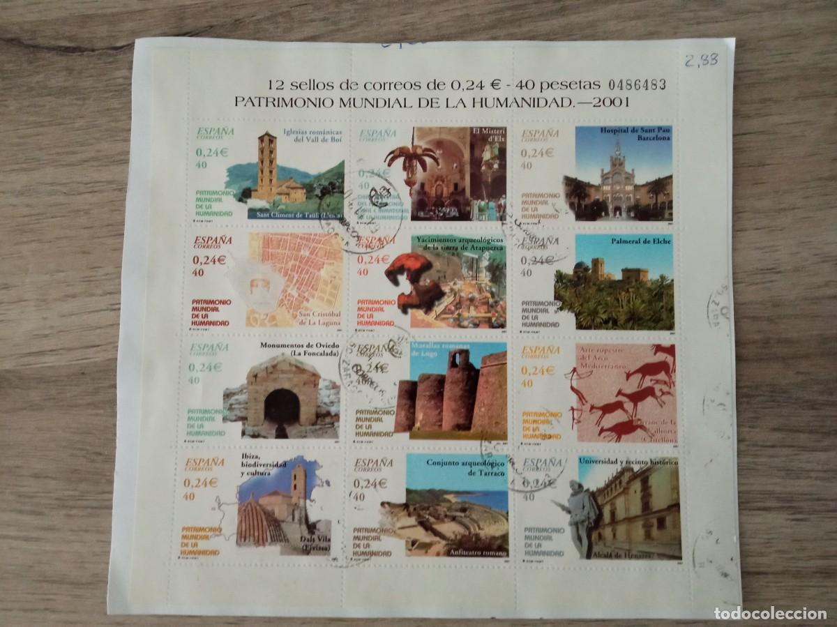Sellos: MINIPLIEGO PATRIMONIO MUNDIAL DE LA HUMANIDAD 2001, PEGADO Y MATASELLADO