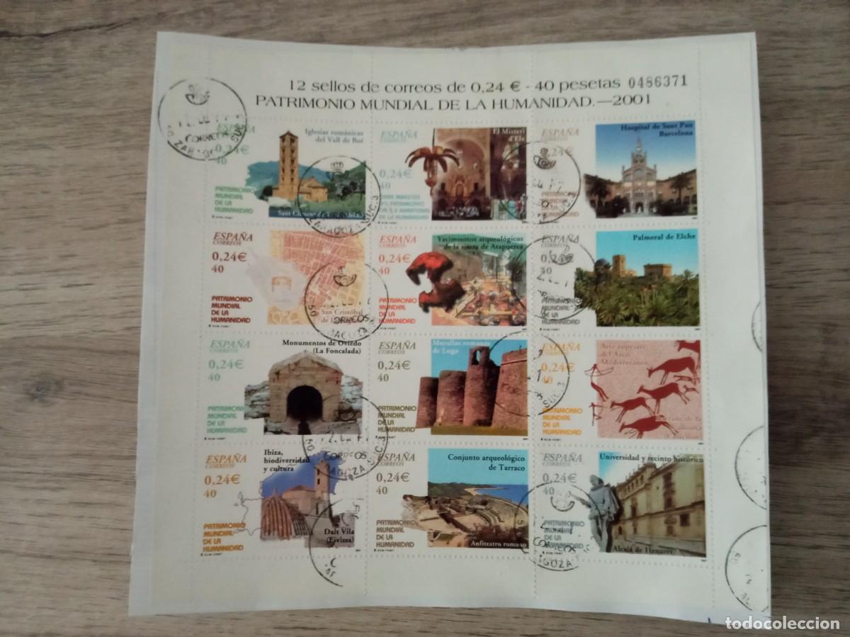 Sellos: MINIPLIEGO PATRIMONIO MUNDIAL DE LA HUMANIDAD 2001, PEGADO Y MATASELLADO