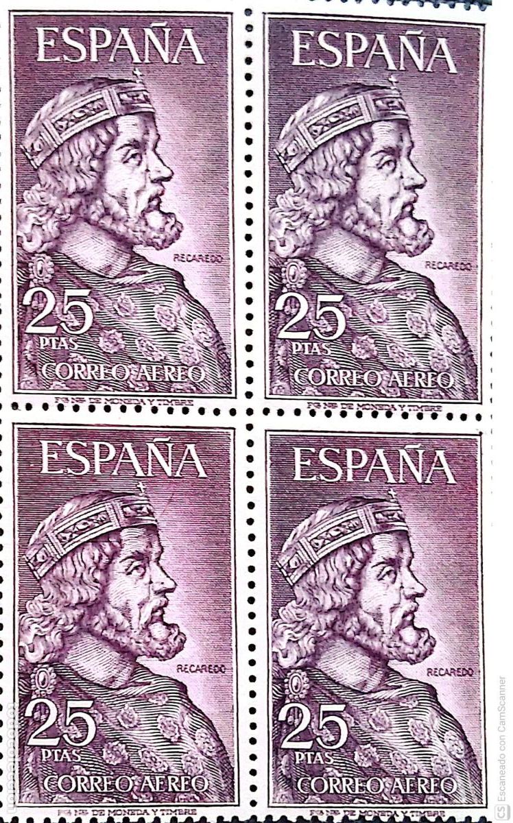 Sellos: Espa&ntilde;a. 1538 Personajes: Recaredo I, en bloque de cuatro. 1963 Sellos nuevos y numeraci&oacute;n Edifil.
