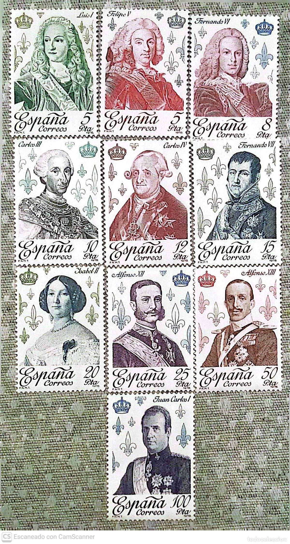 Sellos: Espa&ntilde;a. 2496/2505 Reyes de la Casa de Borb&oacute;n: Felipe V, Luis I, Fernando VI, Carlos III, Carlos IV,