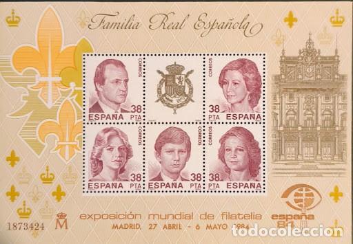 Sellos: ESP. 1984 - Hoja Bloque Exposici&oacute;n Mundial de Filatelia Madrid 84. Familia Real Espa&ntilde;ola. NUEVA.