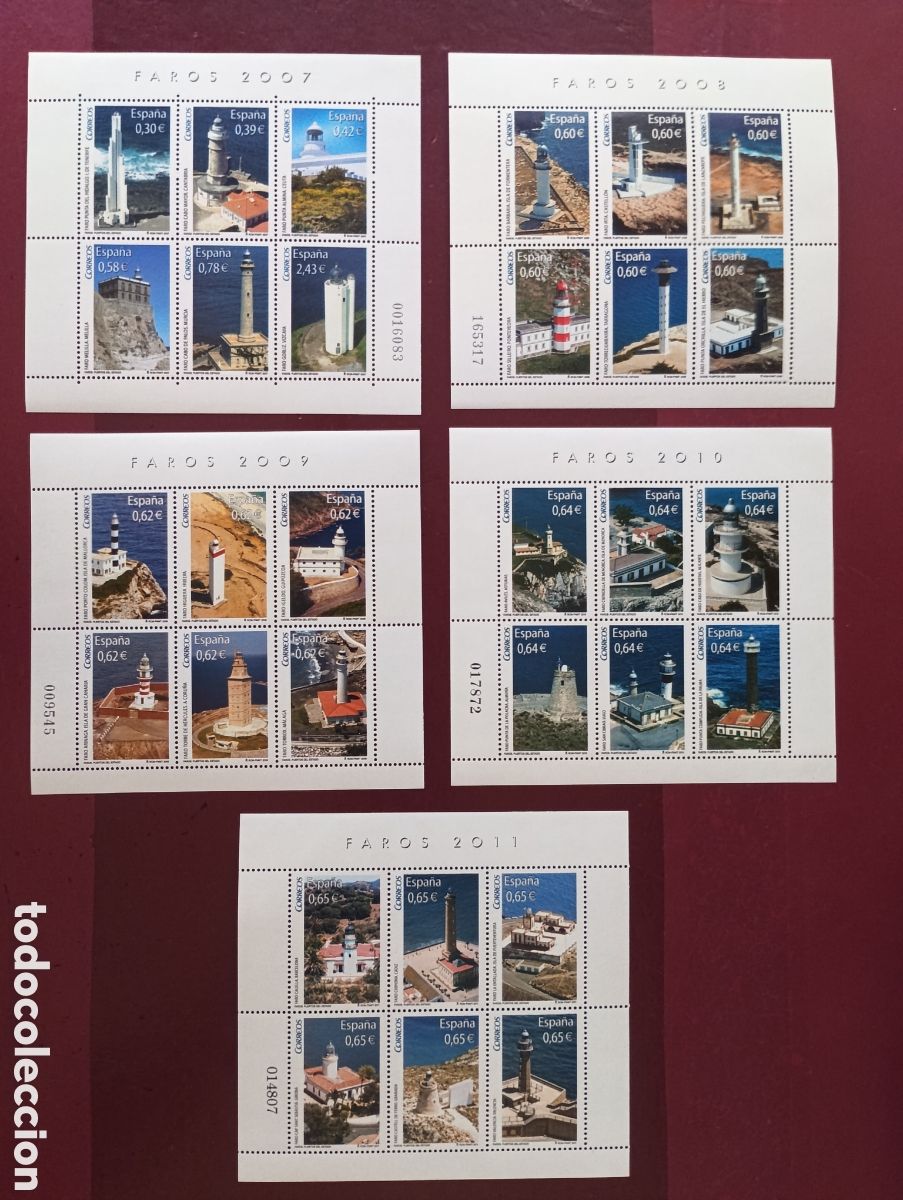 Sellos: SELLOS ESPA&Ntilde;A MNH 2007/2011 LOTE 5 HOJITAS FAROS ESPA&Ntilde;OLES. COMPLETA