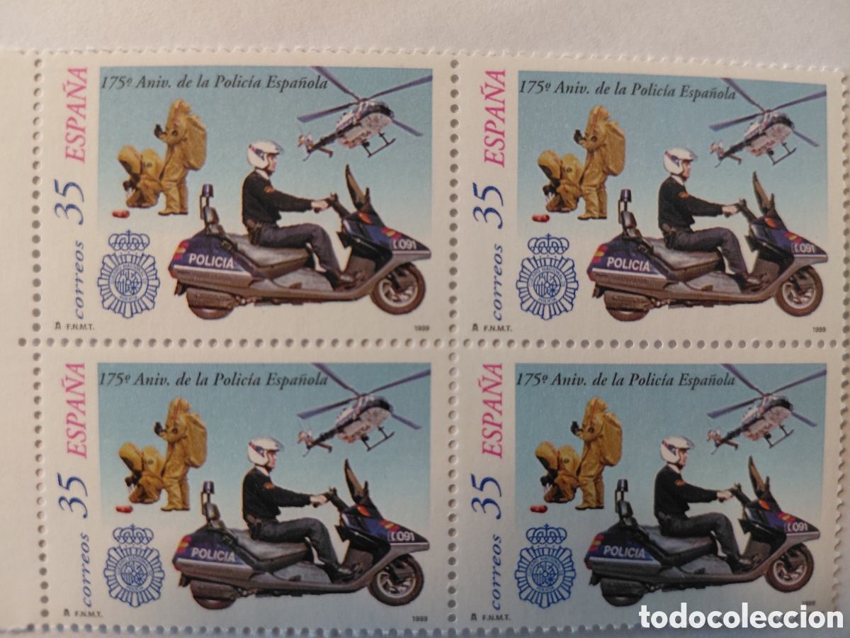 Sellos: Bloque 4x35 pts 175 aniv. Polic&iacute;a espa&ntilde;ola 1999