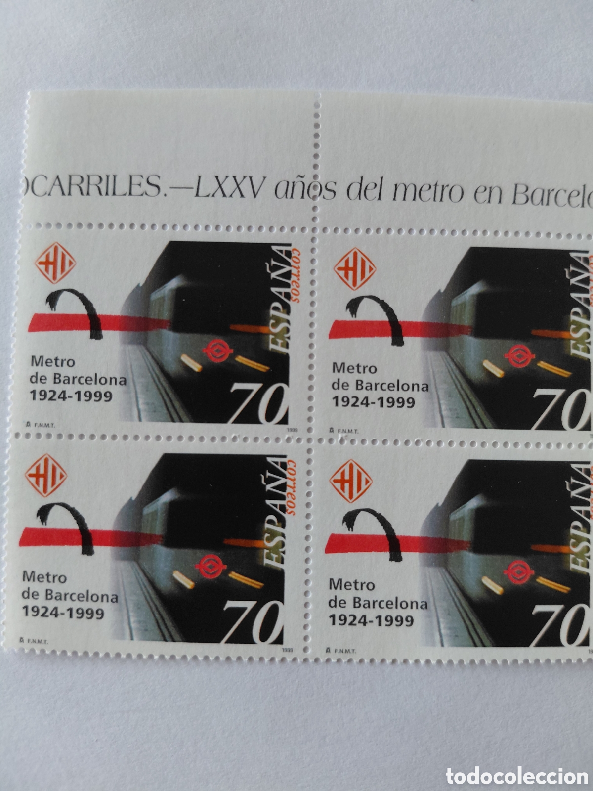 Sellos: Bloque 4x70 pts 75 a&ntilde;os Metrode Barcelona 1999