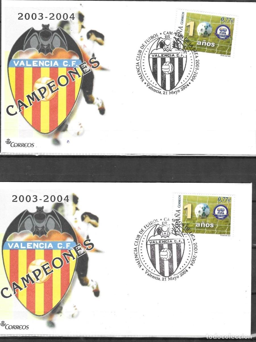 Sellos: Valencia C.F. Doblete 2004 - Lote de 2 Sobres Diferentes: Campe&oacute;n de Liga y Copa de la UEFA