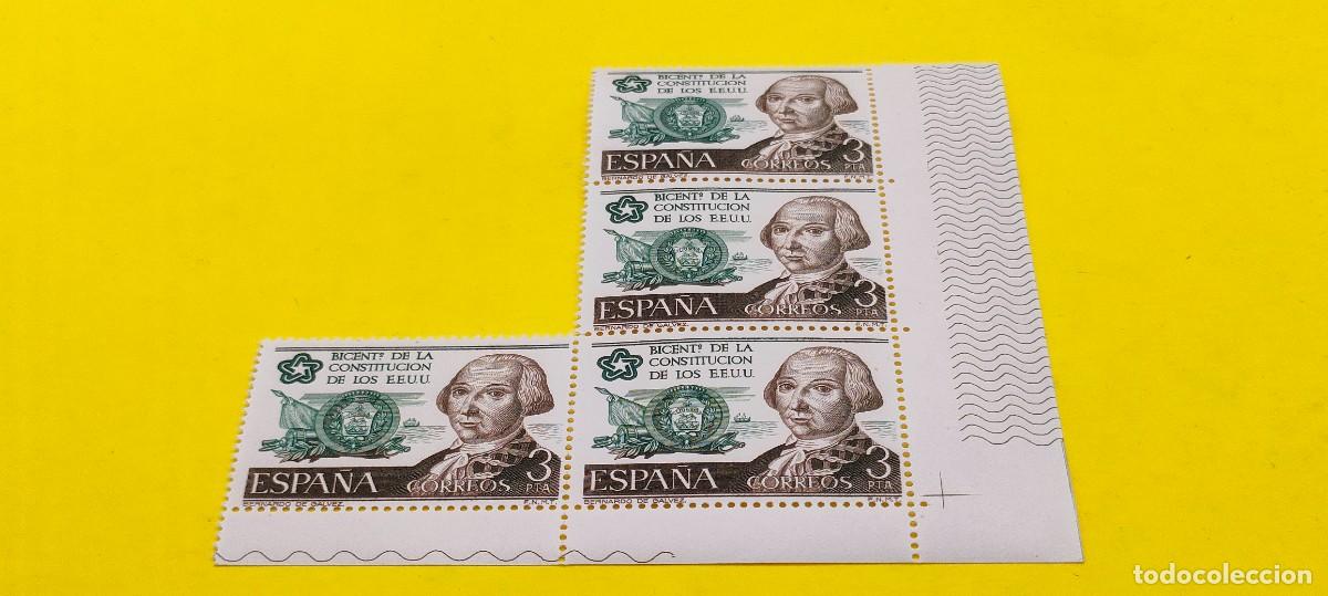 Sellos: Espa&ntilde;a 1976. Edifil 2323. Bicentenario Independencia Estados Unidos. B. Galvez. Nuevos. Bloque de 4