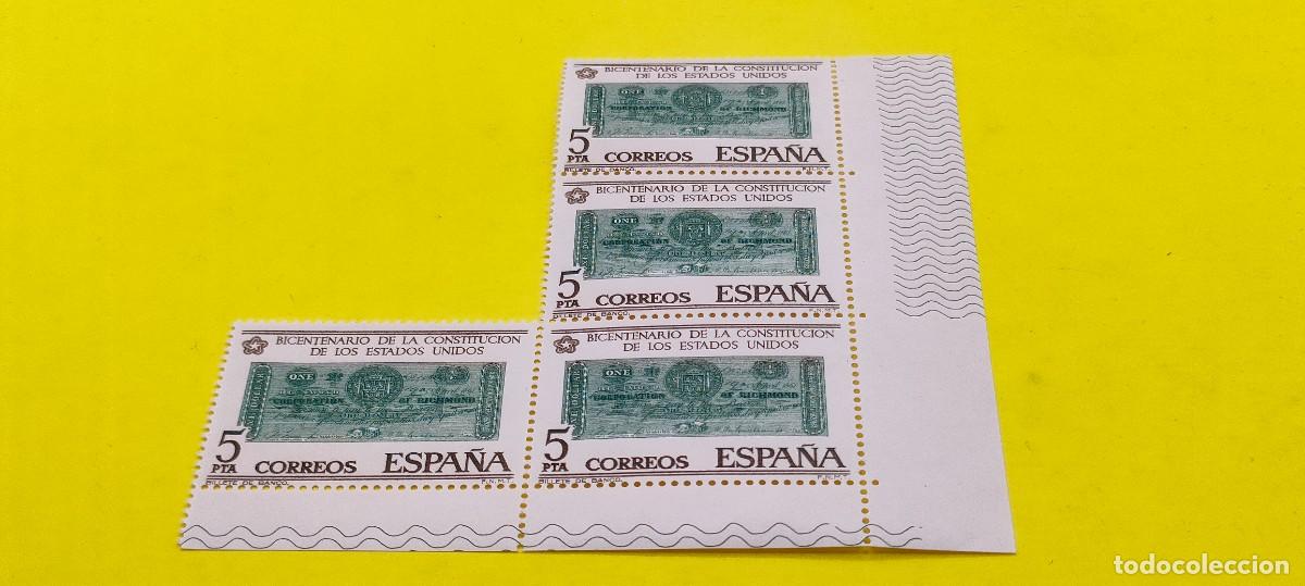 Sellos: Espa&ntilde;a 1976. Edifil 2324. Bicentenario Independencia Estados Unidos. Billete 1$. Nuevos. Bloque de 4
