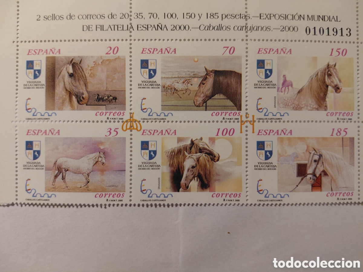 Sellos: Pliego 6 sellos Caballos cartujanos 2000