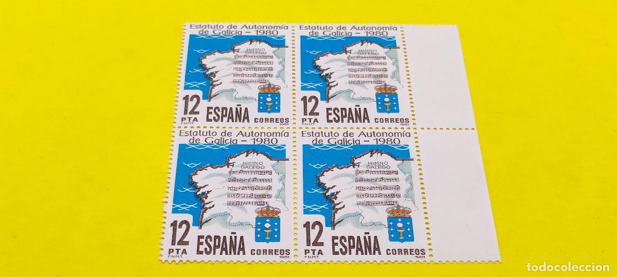 Sellos: Espa&ntilde;a 1981. Edifil 2611. Promulgaci&oacute;n Estatuto Autonom&iacute;a Galicia. Escudo y mapa.Nuevos. Bloque de 4