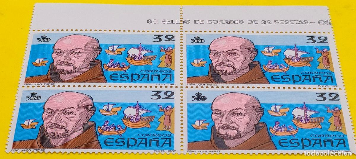 Sellos: Espa&ntilde;a 1987. Edifil 2921. V centenario Descubrimiento de Am&eacute;rica. Fray J.P&eacute;rez. Nuevos. Bloque de 4