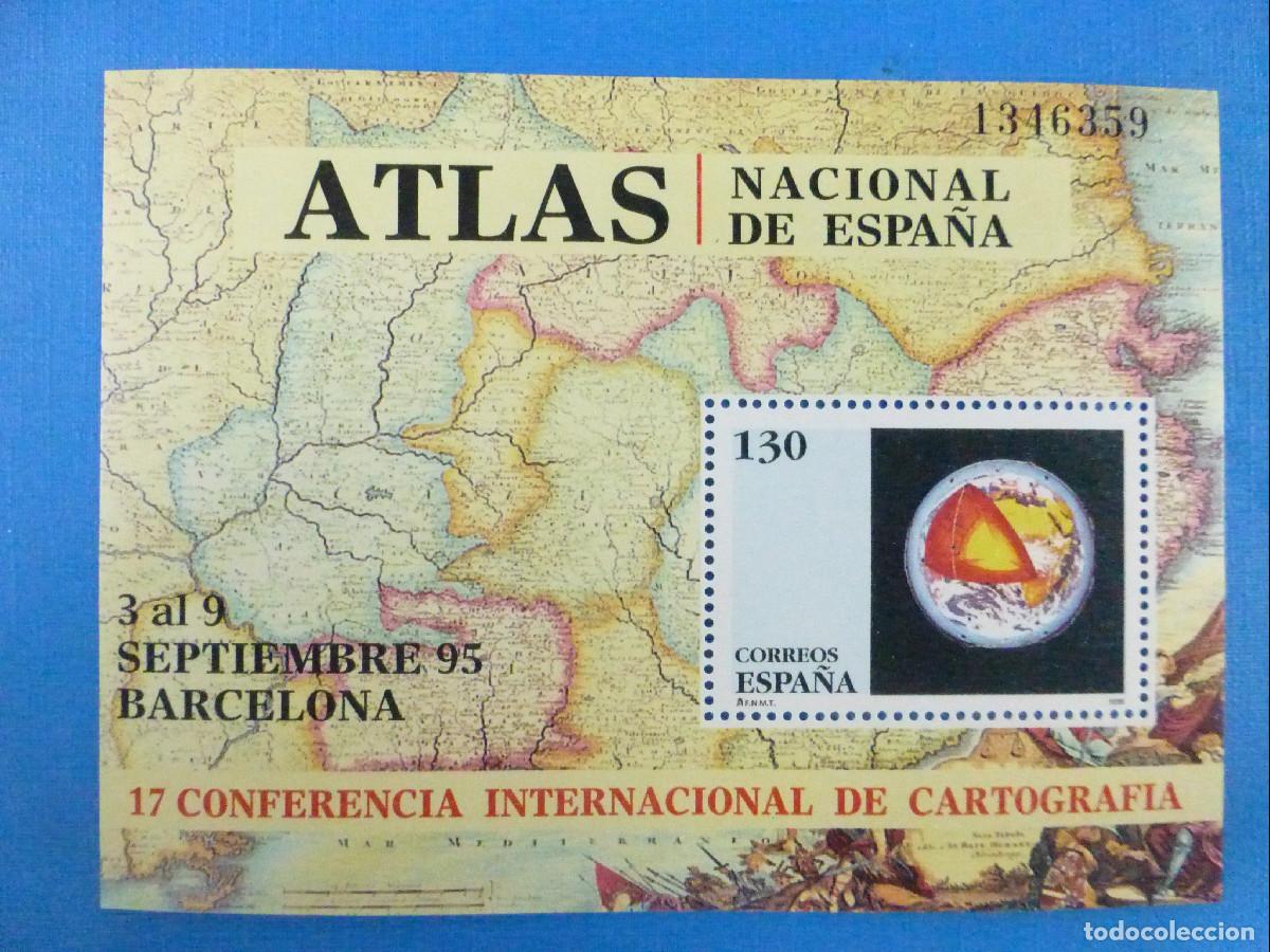 Sellos: SELLO - Hojita SH3388 - Atlas Nacional de Espa&ntilde;a - Barcelona - EDIFIL 3388 - A&ntilde;o 1995