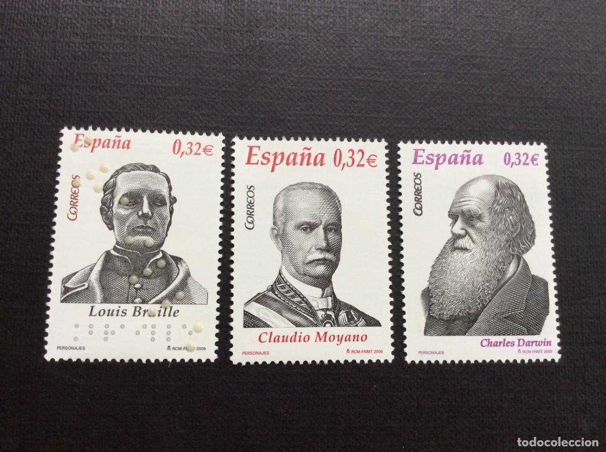Sellos: ESPA&Ntilde;A N&ordm; EDIFIL 4498/0***A&Ntilde;O 2009. PERSONAJES CELEBRES. CLAUDIO MOYANO. CHARLES DARWIN Y L. BRAILLE