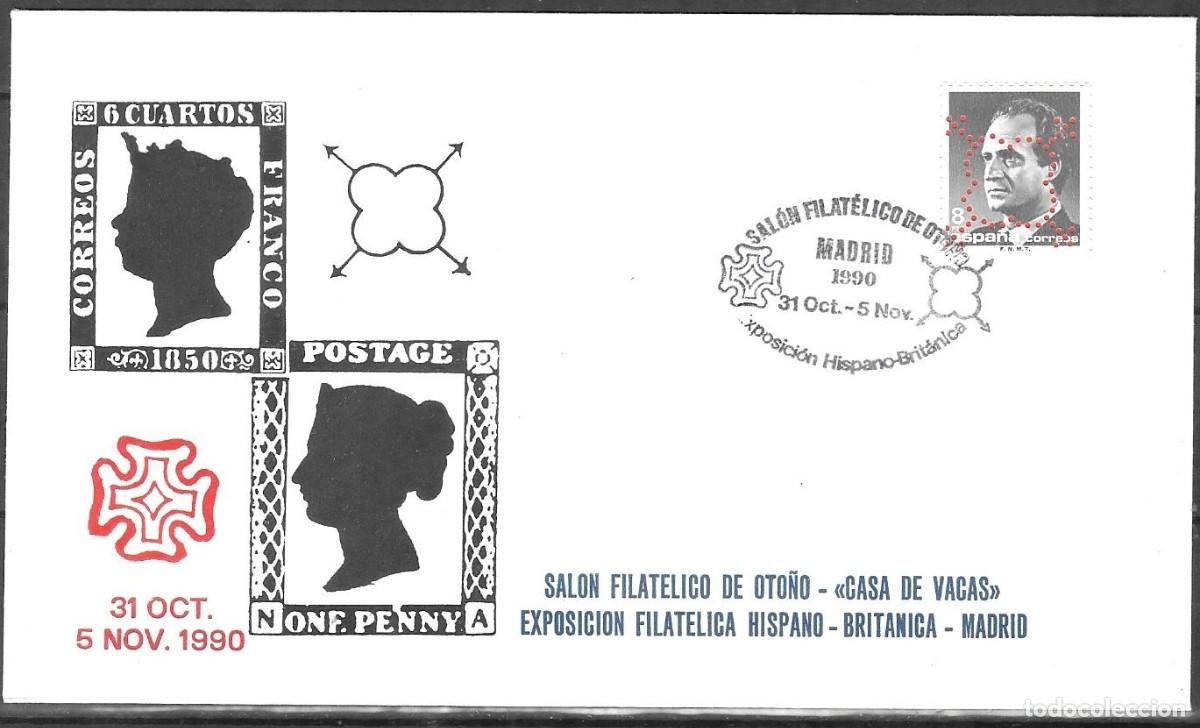 Sellos: Espa&ntilde;a 1990 - Sobre Conmemorativo Exposici&oacute;n Filat&eacute;lica Hispano-Brit&aacute;nica de Madrid - Con Sello Ofic