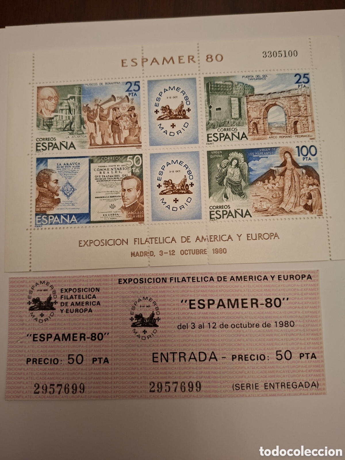 Sellos: SELLOS, EXPOSICI&Oacute;N FILATELICA DE AMERICA Y EUROPA, octubre 1980 Y ENTRADA a la exposici&oacute;n.