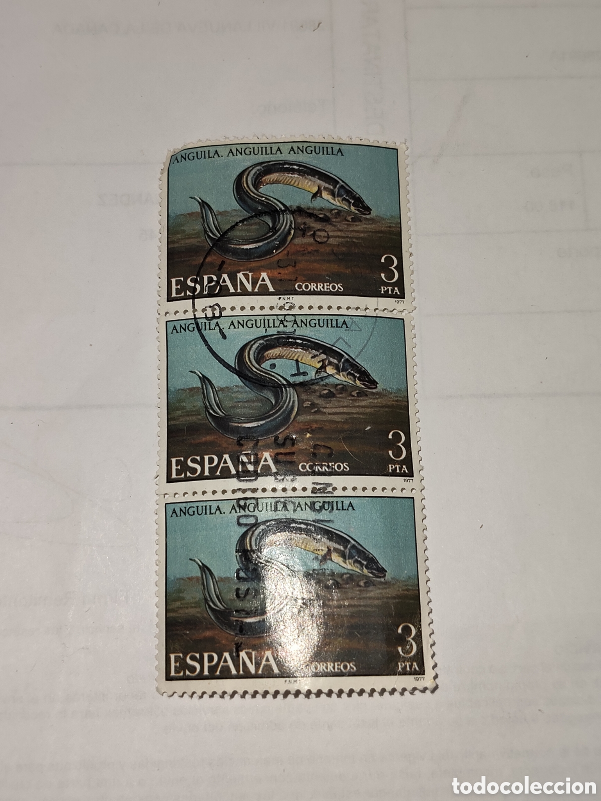 Sellos: Bloque de 3 sellos de Espa&ntilde;a Fauna-peces- anguila 1977