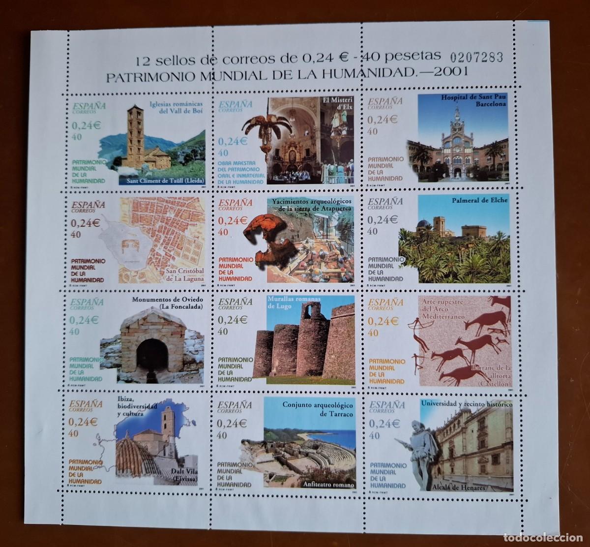Francobolli: 12 sellos de correos de 0,24 &euro;-40 pesetas.Patrimonio mundial de la Humanidad 2001.