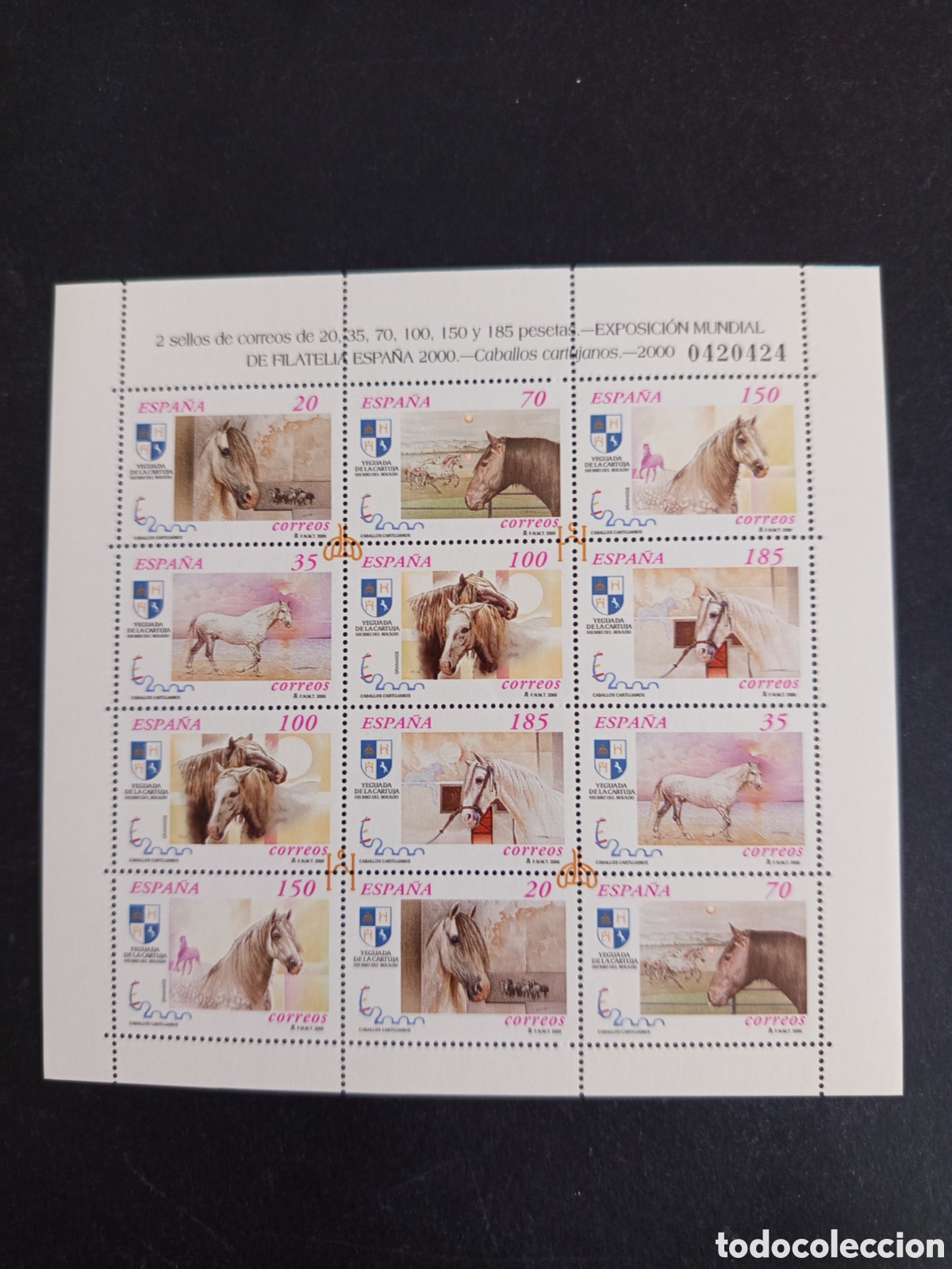 Stamps: Espa&ntilde;a, 2000. Caballos Cartujanos. 2 series completas en hoja en distinta posici&oacute;n. Mimi pliego