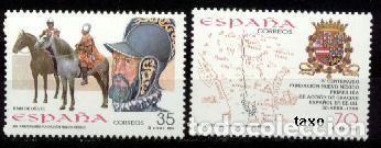 Timbres: Espa&ntilde;a. 3598/99 Nuevo M&eacute;xico: Juan de O&ntilde;ate,Mapa con el Camino Real y escudo de Felipe II. 1998. ﻿