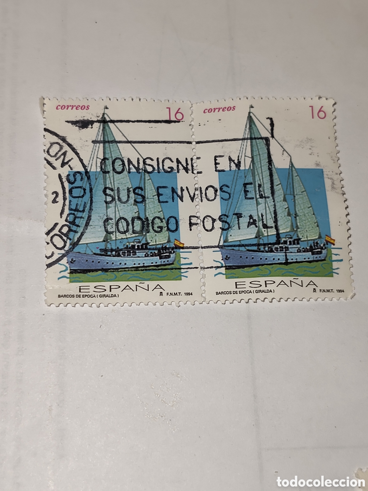 Sellos: Bloque de 2 sellos de Espa&ntilde;a barcos hist&oacute;ricos Giralda 1994