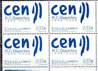 Timbres: Espa&ntilde;a. 4266 Centenario Real Club Deportivo de La Coru&ntilde;a: Logotipo, en bloque de cuatro. 2006. ﻿Se