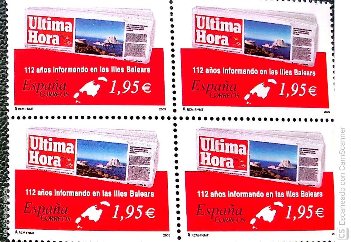 Sellos: Espa&ntilde;a. 4166 Diarios centenarios: &Uacute;ltima Hora (Palma de Mallorca), en bloque de cuatro. 2005. ﻿Sel