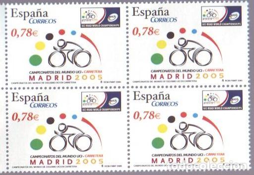 Sellos: Espa&ntilde;a. 4184 Campeonato mMundial del Mundo de Ciclismo en carretera, en bloque de cuatro. 2005. ﻿S