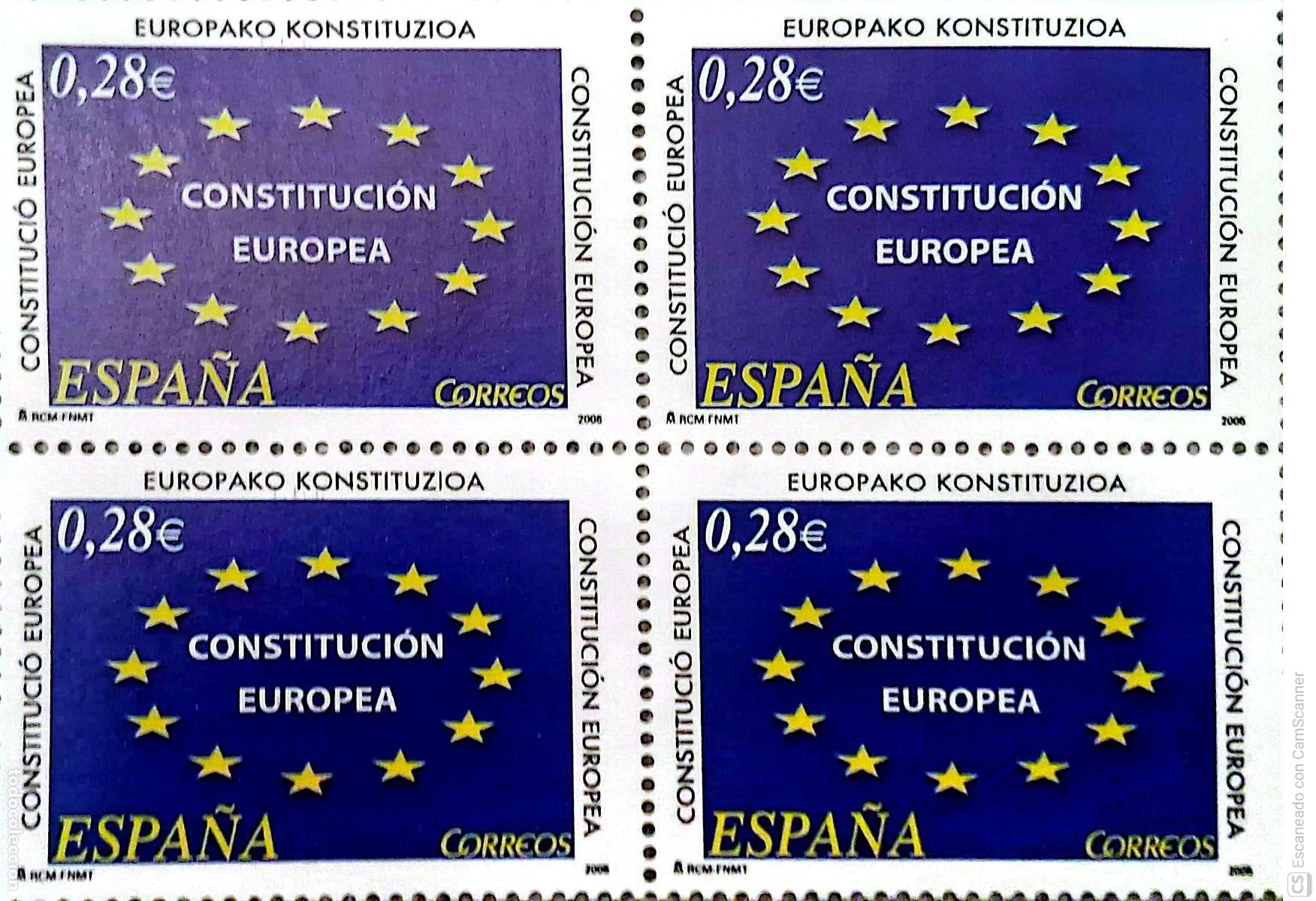 Sellos: Espa&ntilde;a. 4141 Constituci&oacute;n europea: Bandera de la Uni&oacute;n Europea, en bloque de cuatro. 2005. Sellos