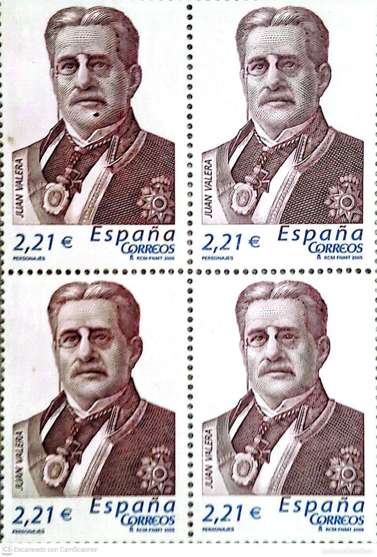 Sellos: Espa&ntilde;a. 4160 Personajes: Juan Valera, en bloque de cuatro. 2005. ﻿Sellos nuevos y numeraci&oacute;n Edifil
