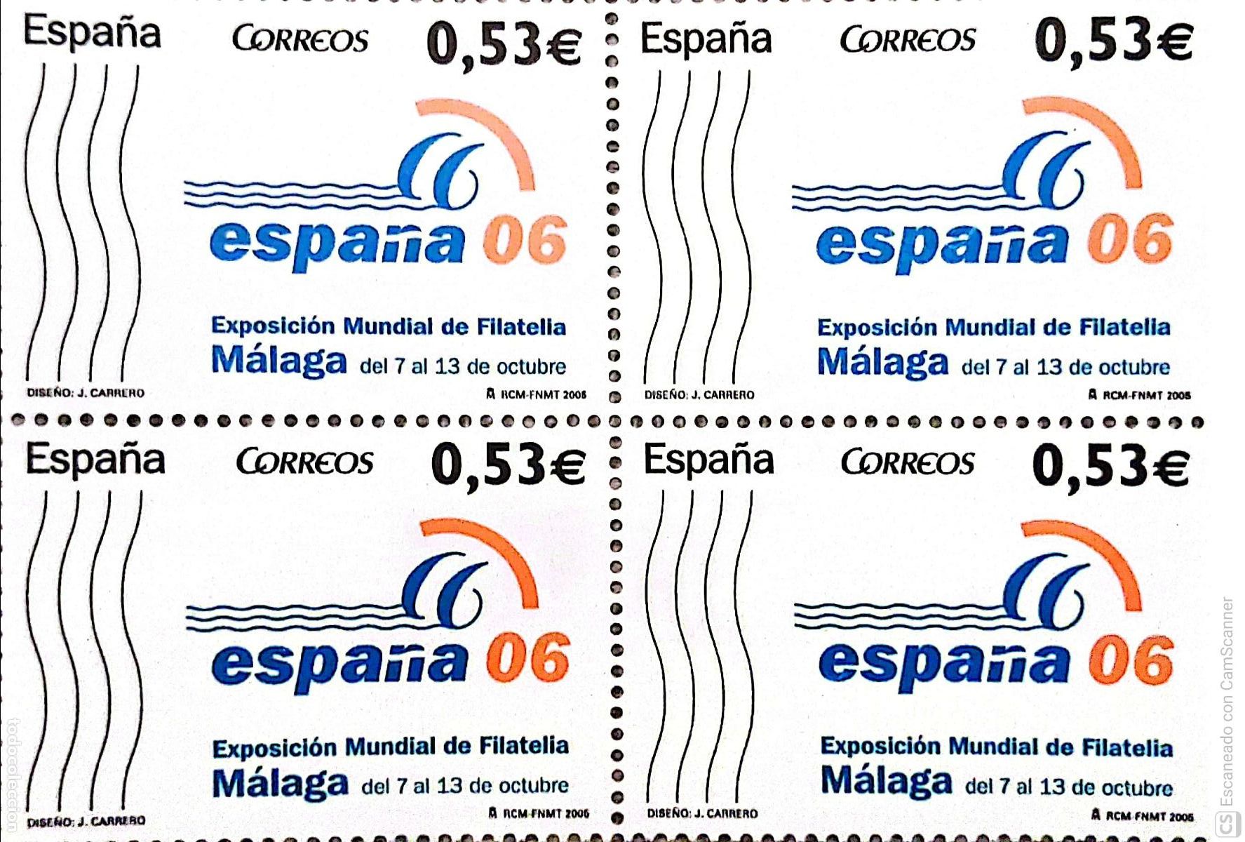 Sellos: Espa&ntilde;a. 4185 Exposici&oacute;n Mundial de Filatelia Espa&ntilde;a 2006: M&aacute;laga, en bloque de cuatro. 2005. ﻿Sell