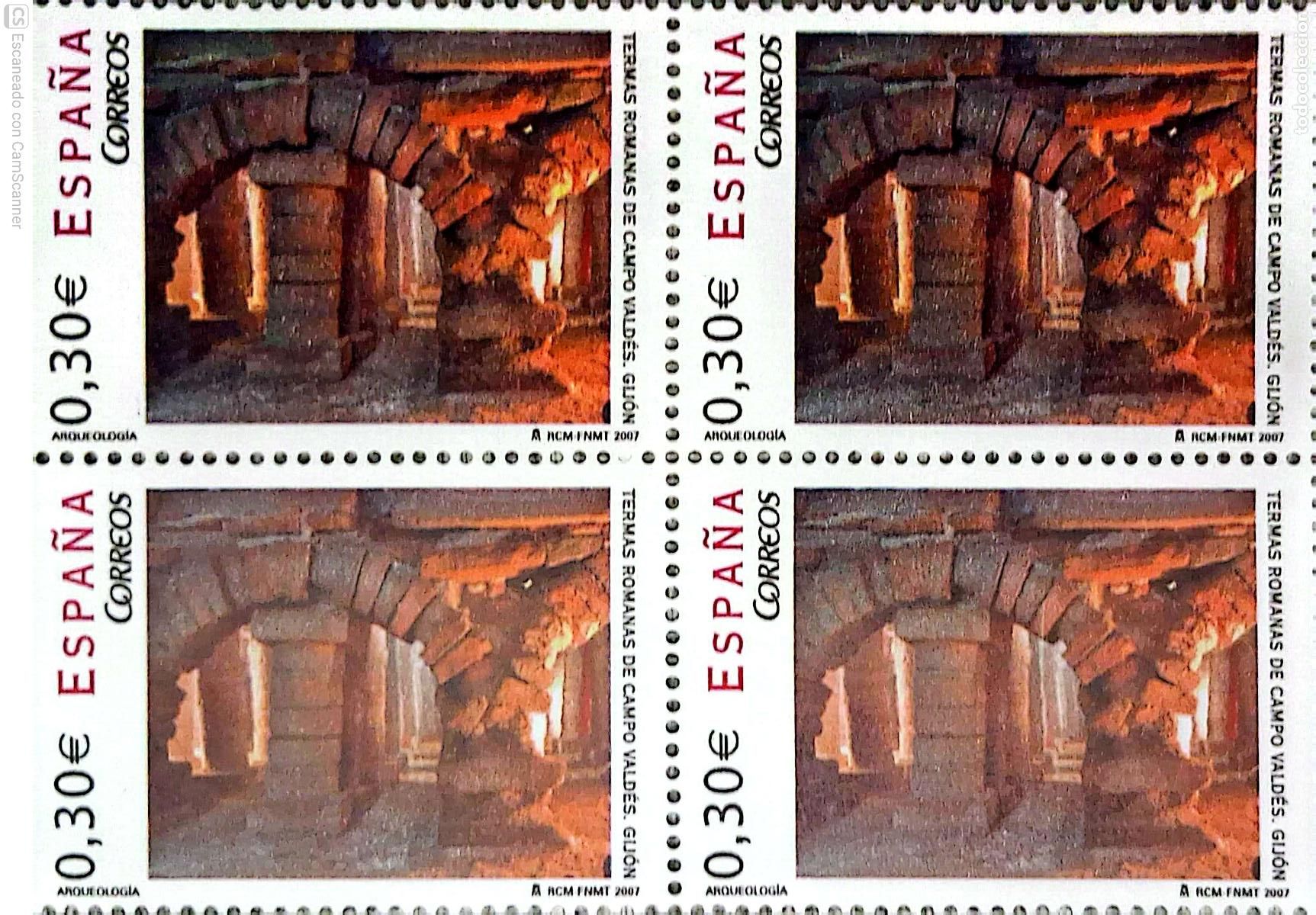 Sellos: Espa&ntilde;a. 4318 Arqueolog&iacute;a: Termas romanas de Campo Vald&eacute;s, Gij&oacute;n (Asturias), en bloque de cuatro. 20
