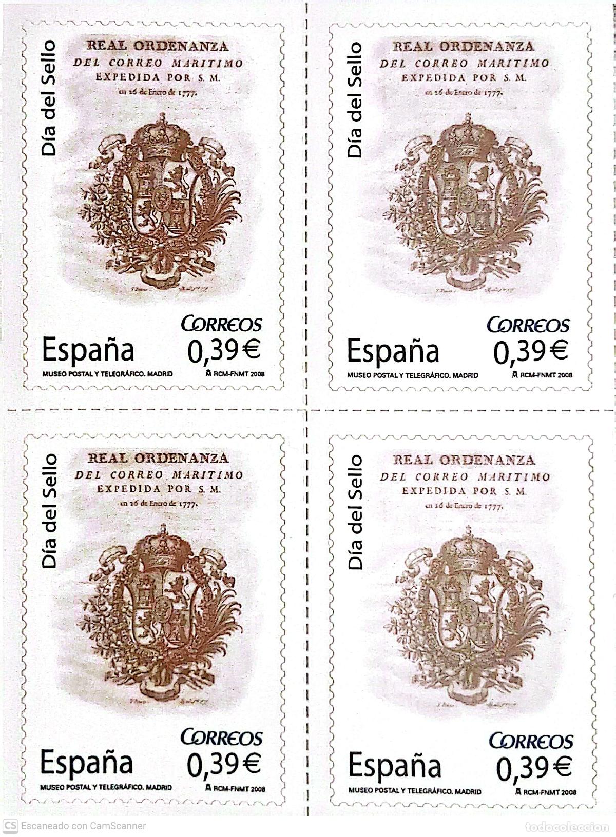 Sellos: Espa&ntilde;a. 4412 D&iacute;a del sello: Portada de la Real Ordenanza del Correo Mar&iacute;timo, en bloque de cuatro.