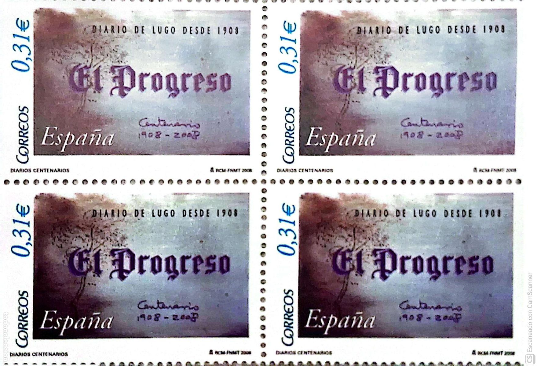 Sellos: Espa&ntilde;a. 4413 Diarios centenarios: El Progreso (Lugo), en bloque de cuatro. 2008. ﻿Sellos nuevos y