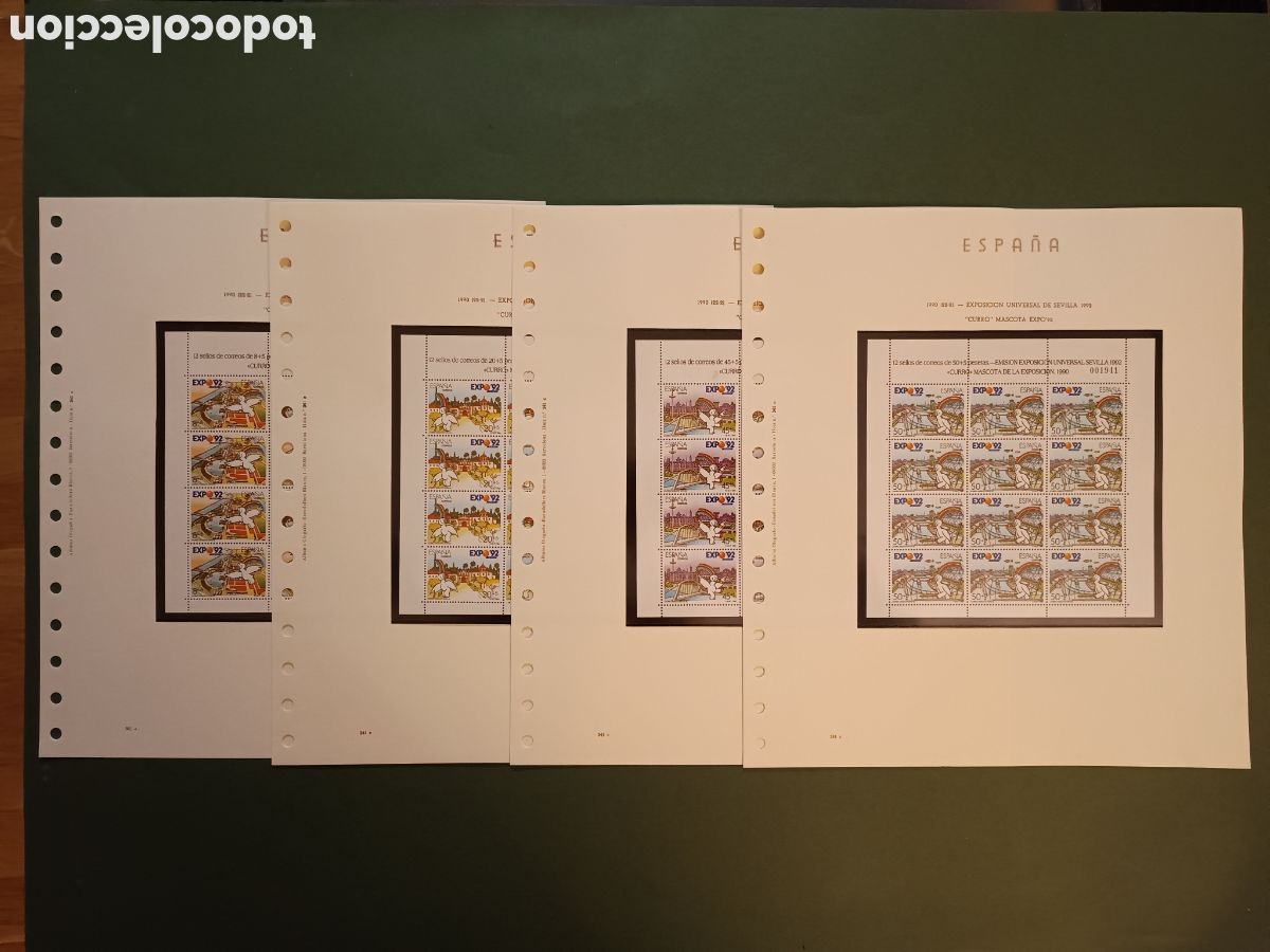 Sellos: 48 SELLOS EN PLIEGOS CURRO MASCOTA EXPOSICI&Oacute;N 1990 EMISI&Oacute;N ESPECIAL UNIVERSAL SEVILLA 1992 EXPO 92.