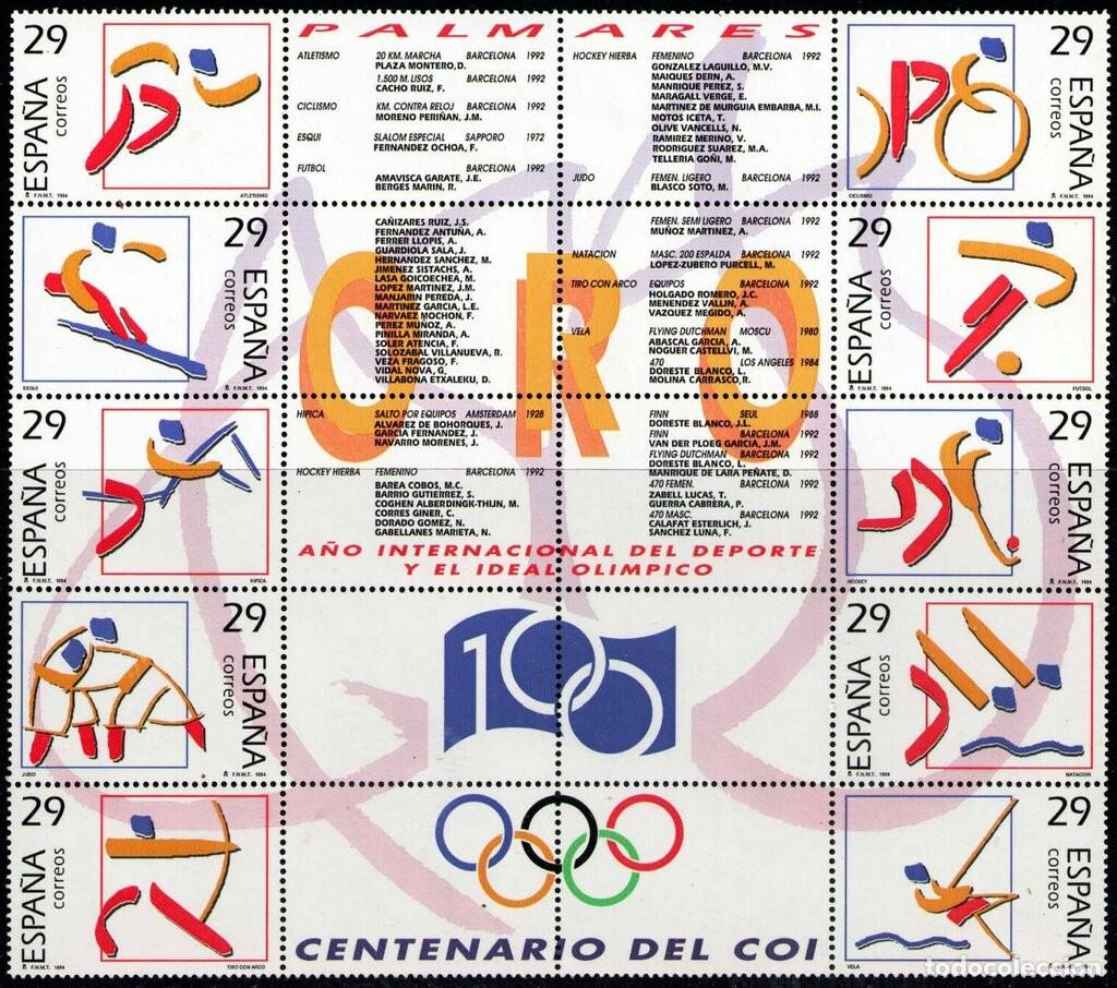 Stamps: Espa&ntilde;a 1994 Edifil 3325/34 Sellos ** MP Juegos Olimpicos Barcelona Medallas de Oro Figuras Estilizad