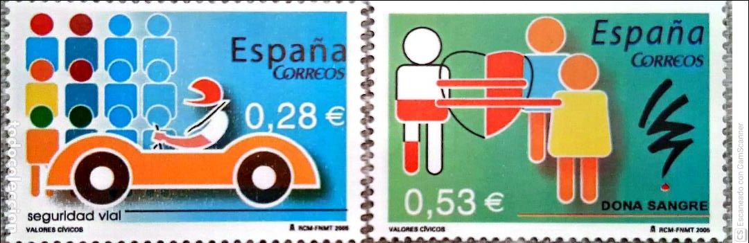 Sellos: Espa&ntilde;a. 4150/51 Valores c&iacute;vicos: Seguridad vial y donaci&oacute;n de sangre. 2005. Bajo facial