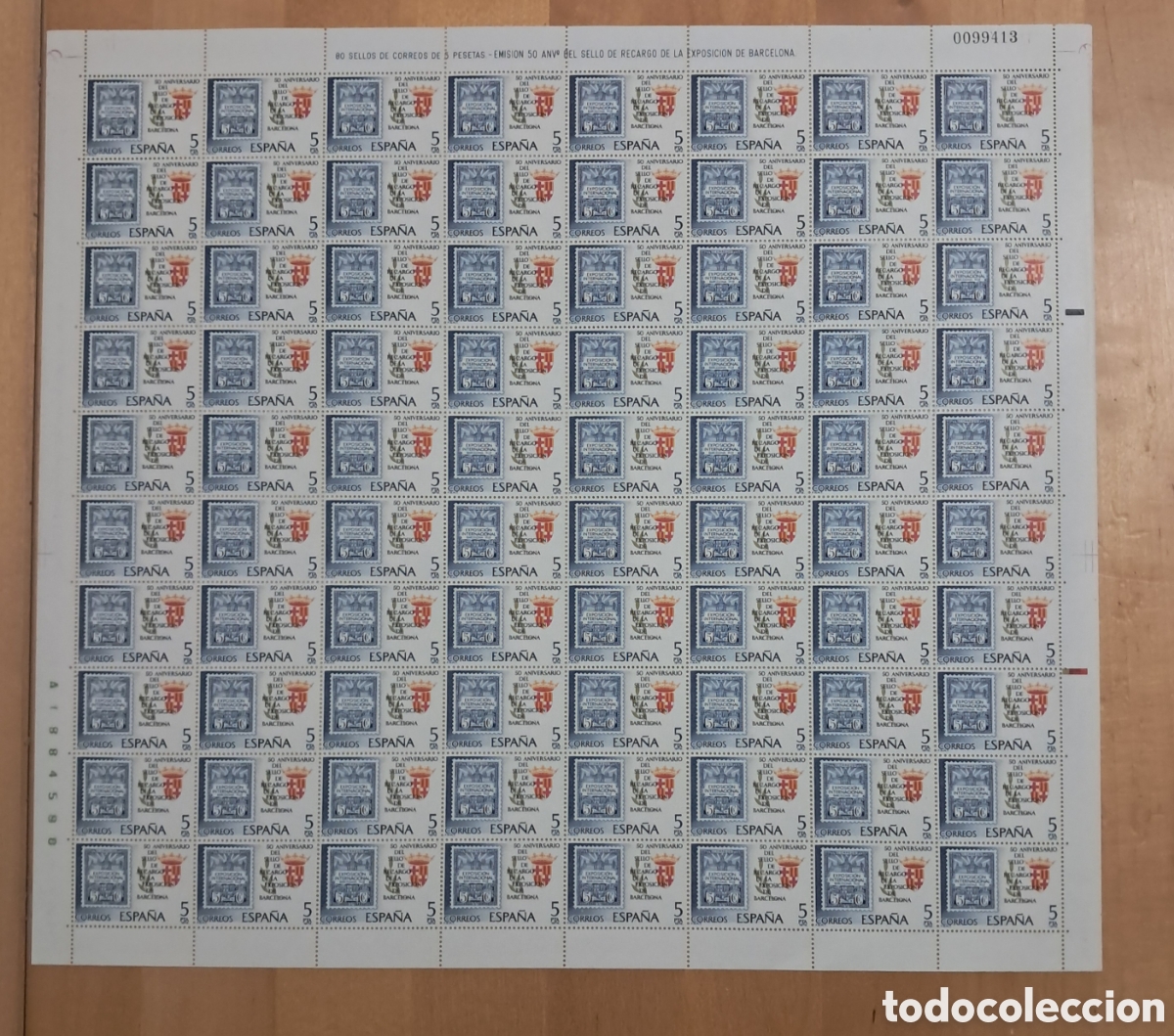 Sellos: ESPA&Ntilde;A. PLIEGO COMPLETO DE 80 SELLOS (MNH / ). 50 ANIVERSARIO SELLO RECARGO EXPOSICI&Oacute;N BARCELONA
