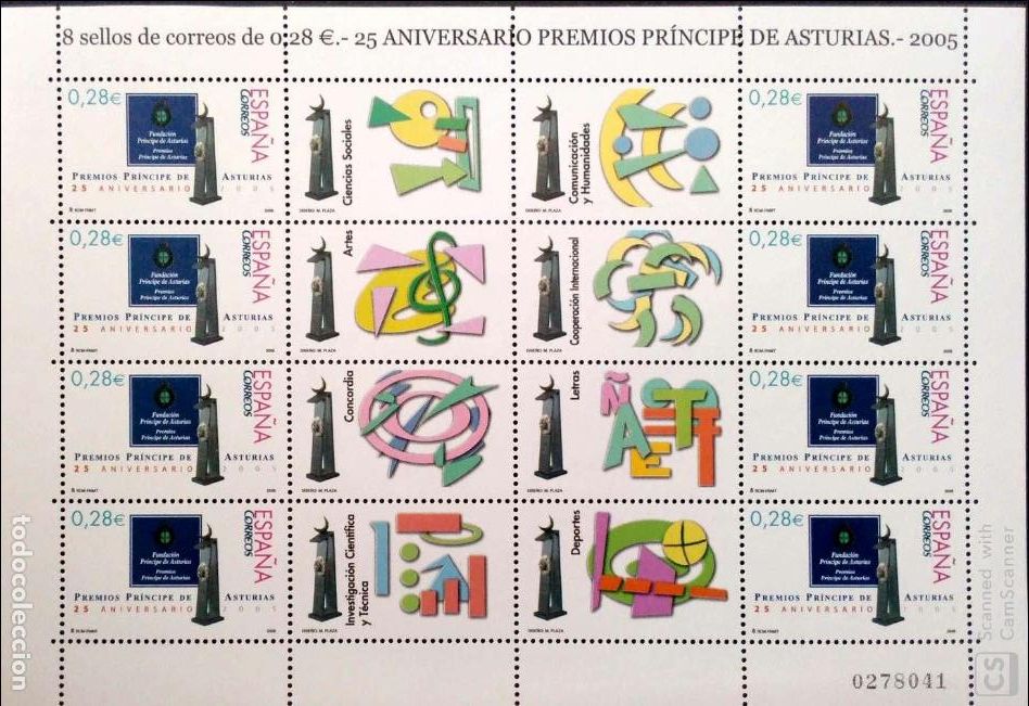 Sellos: Espa&ntilde;a. MP 86 (4192) Premios Pr&iacute;ncipe de Asturias + 8 Vi&ntilde;etas. 2005. Oferta bajo facial.