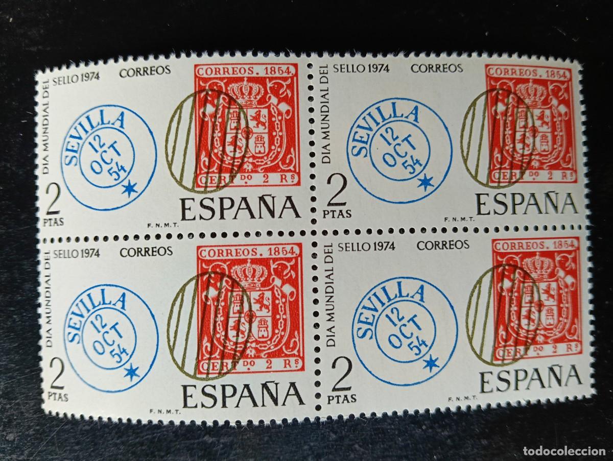 Selos: Espa&ntilde;a 1974 -Edifil 2179 -D&iacute;a mundial del Sello. Parrilla y fechador de Sevilla - Bloque de 4